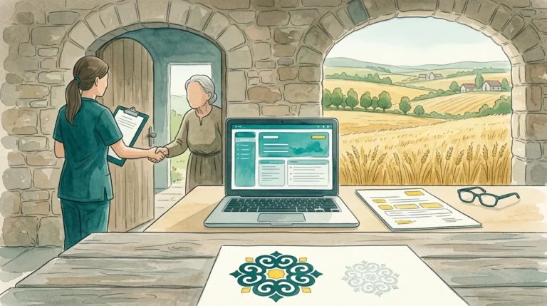 Auxiliar de ayuda a domicilio en la puerta de una vivienda rural, ilustración sobre la acreditación de ayuda a domicilio en Castilla y León