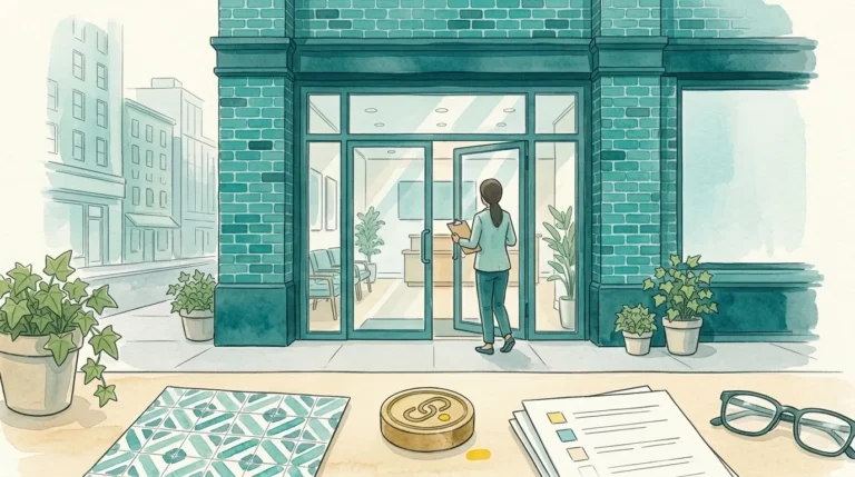Persona entrando con una carpeta a un edificio de servicios sociales, ilustración de la acreditación de servicios sociales en la Comunidad de Madrid