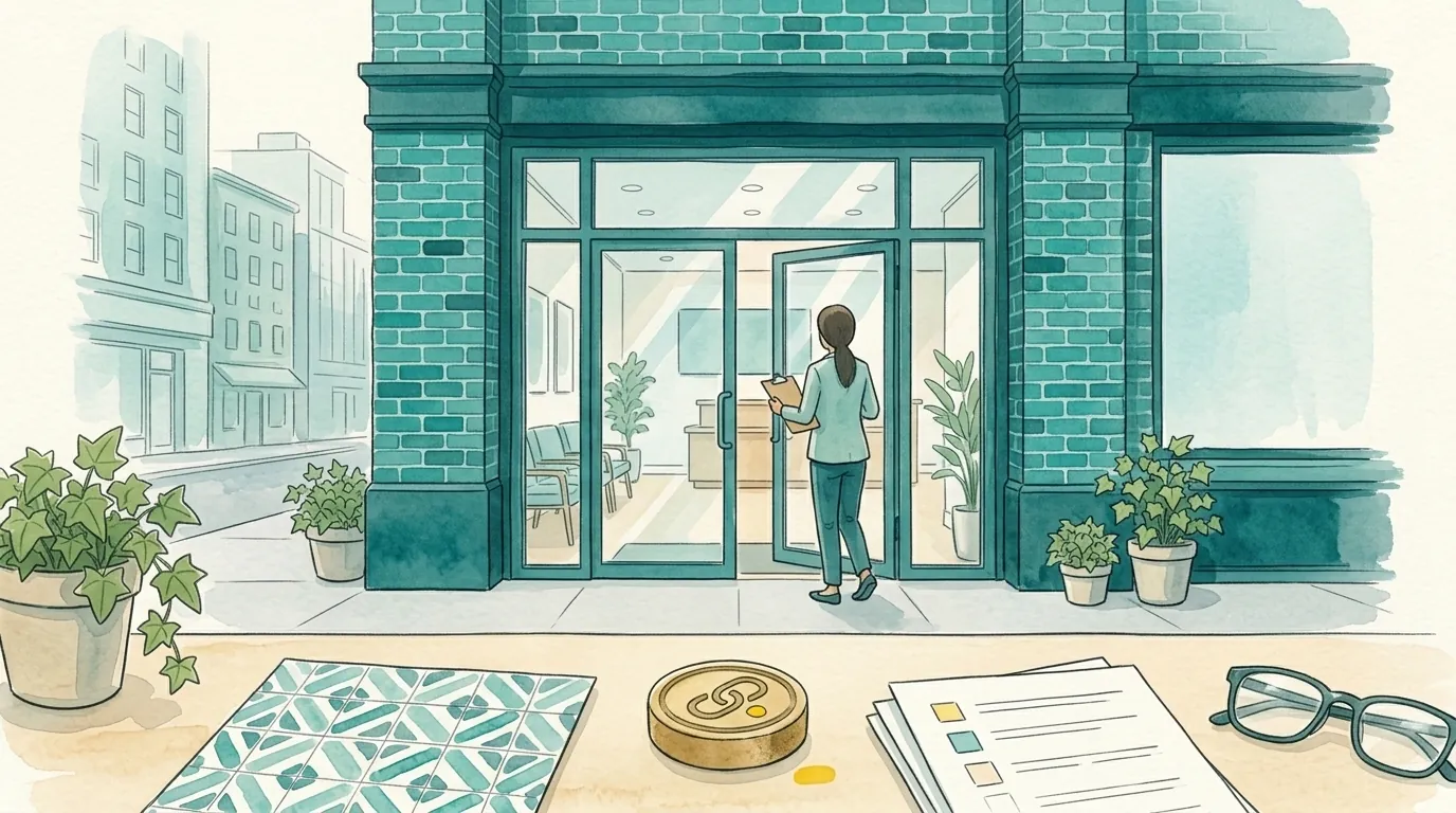Persona entrando con una carpeta a un edificio de servicios sociales, ilustración de la acreditación de servicios sociales en la Comunidad de Madrid
