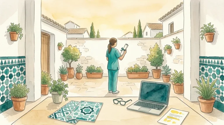 Auxiliar en un patio andaluz con un diploma, ilustración de la cualificación del auxiliar de ayuda a domicilio en Andalucía