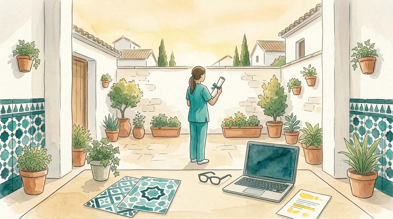 Auxiliar en un patio andaluz con un diploma, ilustración de la cualificación del auxiliar de ayuda a domicilio en Andalucía