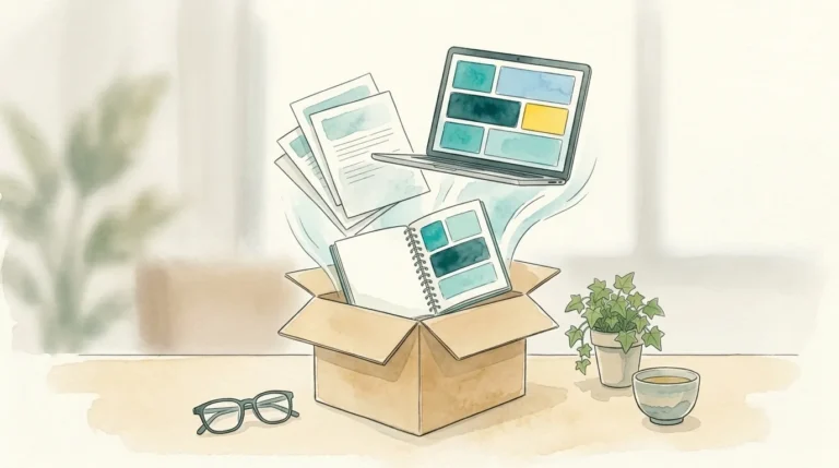 Caja abierta con materiales de curso y un portátil, ilustración del formato SCORM