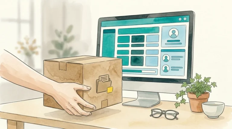 Mano subiendo una caja de materiales a un aula virtual, ilustración para importar SCORM en Moodle