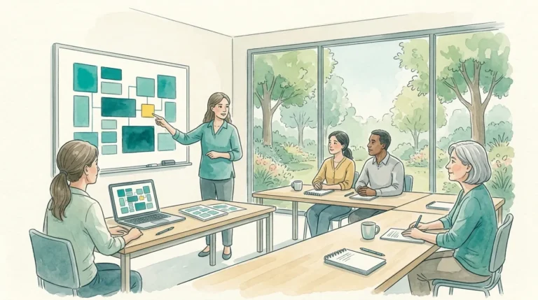 Cuidadoras en una sala de formación, plan de formación de una residencia